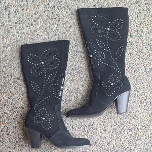 Y2k Colin Stuart Black Suede Studded Flower Pattern Heeled Boots Size 10 Vintage